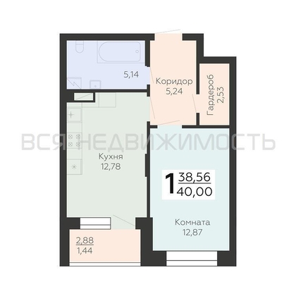 1-комнатная квартира, 40кв.м - изображение