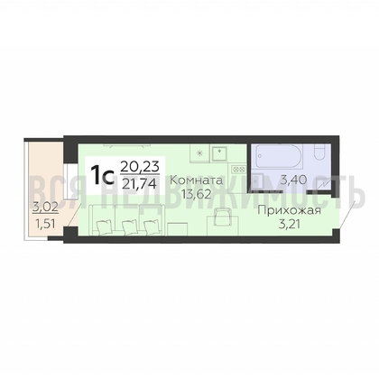 квартира-студия, 21,74кв.м. - изображение