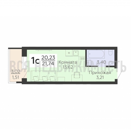 квартира-студия, 21,74кв.м. - изображение