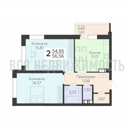 2-комнатная квартира, 56.56кв.м - изображение