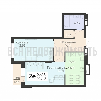 2-комнатная квартира, 55.1кв.м - изображение