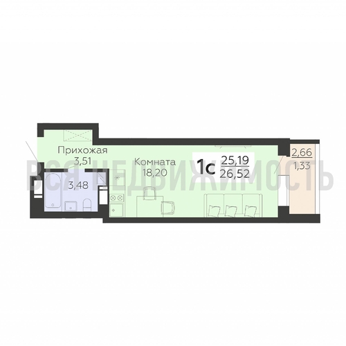 квартира-студия, 26,52кв.м. - изображение 0