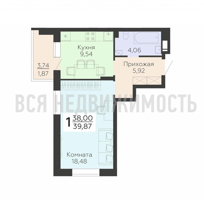 1-комнатная квартира, 39.87кв.м - изображение