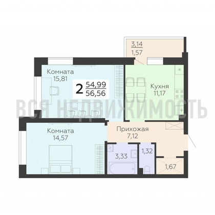 2-комнатная квартира, 56.56кв.м - изображение