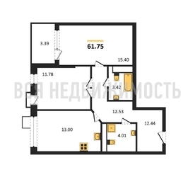 2-комнатная квартира, 61.75кв.м 2-комнатная квартира, 61.75кв.м - изображение 1