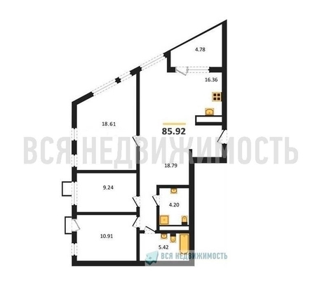 3-комнатная квартира, 85.92кв.м - изображение