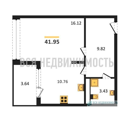 1-комнатная квартира, 41.95кв.м - изображение