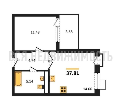 1-комнатная квартира, 37.81кв.м - изображение