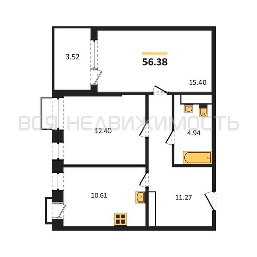 2-комнатная квартира, 56.38кв.м - изображение 0