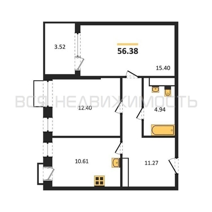 2-комнатная квартира, 56.38кв.м - изображение
