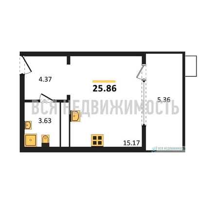 квартира-студия, 25,86кв.м. - изображение