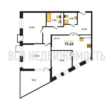 3-комнатная квартира, 75.63кв.м - изображение