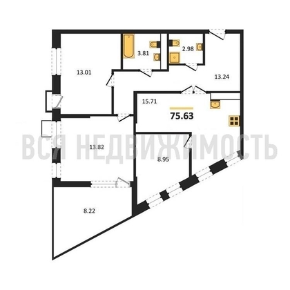 3-комнатная квартира, 75.63кв.м - изображение