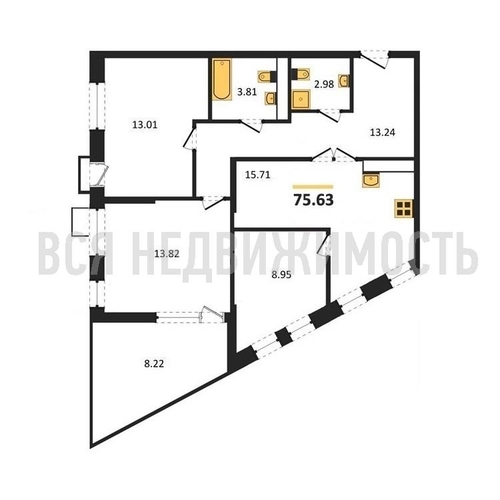 3-комнатная квартира, 75.63кв.м - изображение 0