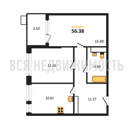 2-комнатная квартира, 56.38кв.м - изображение