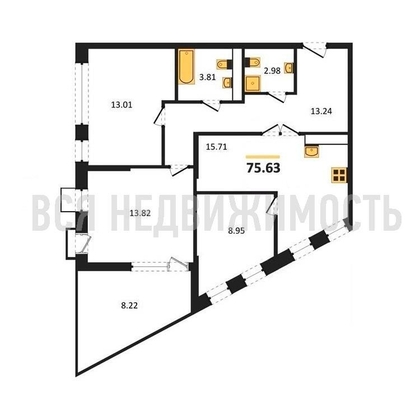 3-комнатная квартира, 75.63кв.м - изображение