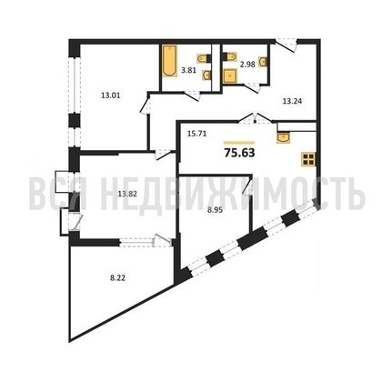 3-комнатная квартира, 75.63кв.м - изображение