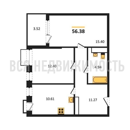 2-комнатная квартира, 56.38кв.м - изображение