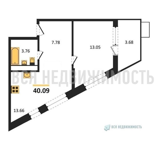 1-комнатная квартира, 40.09кв.м - изображение 0