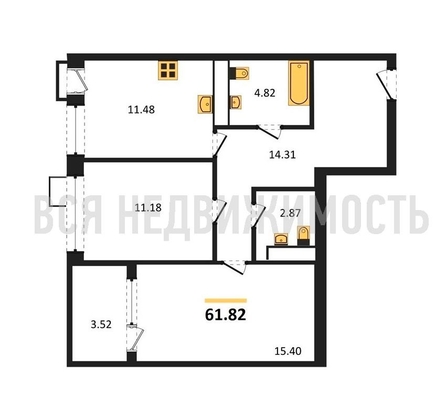 2-комнатная квартира, 61.82кв.м - изображение