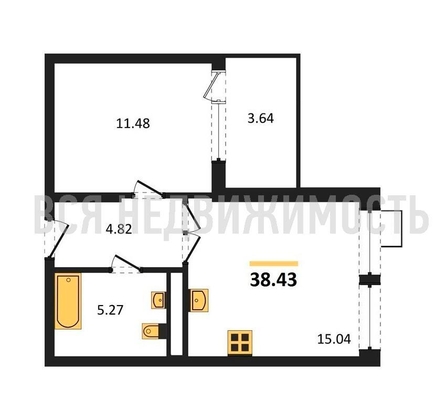 1-комнатная квартира, 38.43кв.м - изображение