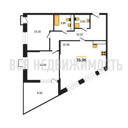 2-комнатная квартира, 76.96кв.м - изображение