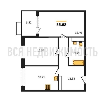 2-комнатная квартира, 56.68кв.м - изображение