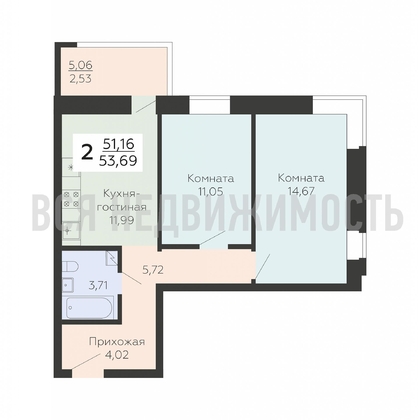 2-комнатная квартира, 53.69кв.м - изображение