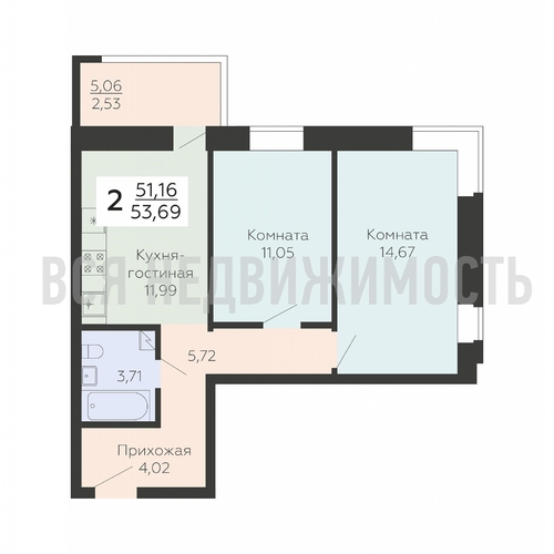 2-комнатная квартира, 53.69кв.м - изображение 0