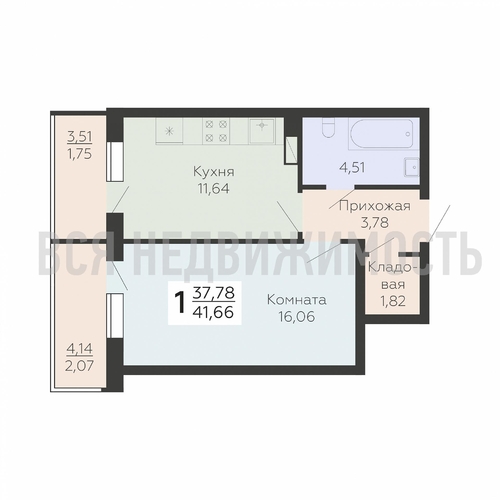 1-комнатная квартира, 41.66кв.м - изображение 0