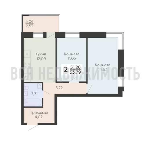 2-комнатная квартира, 53.79кв.м - изображение 0