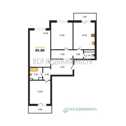 3-комнатная квартира, 85.8кв.м - изображение