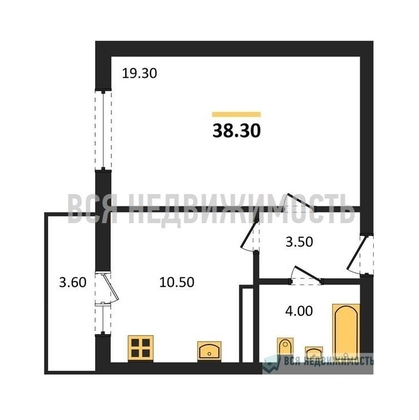 1-комнатная квартира, 38.3кв.м - изображение
