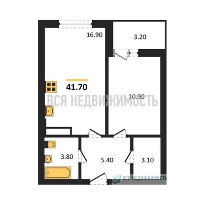 1-комнатная квартира, 41.7кв.м - изображение