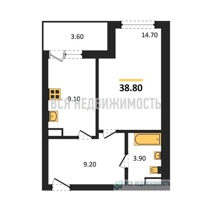 1-комнатная квартира, 38.8кв.м - изображение