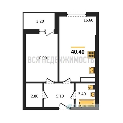 1-комнатная квартира, 40.4кв.м - изображение