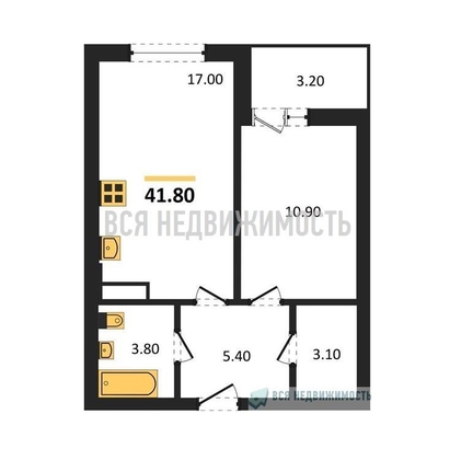1-комнатная квартира, 41.8кв.м - изображение