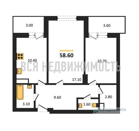 2-комнатная квартира, 58.6кв.м - изображение