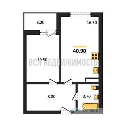 1-комнатная квартира, 40.9кв.м - изображение