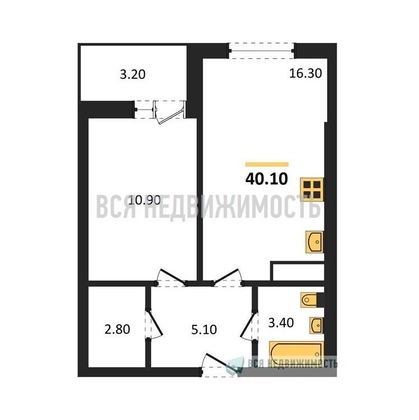 1-комнатная квартира, 40.1кв.м - изображение