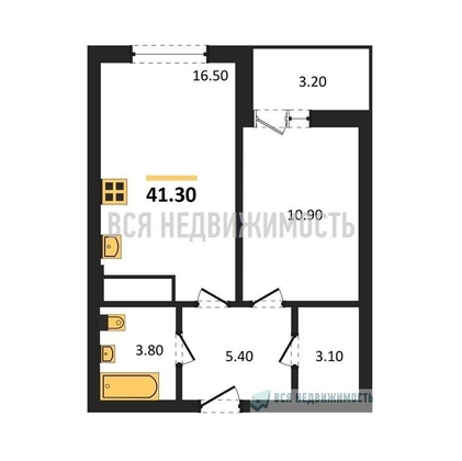 1-комнатная квартира, 41.3кв.м - изображение