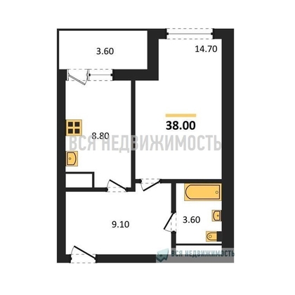 1-комнатная квартира, 38кв.м - изображение