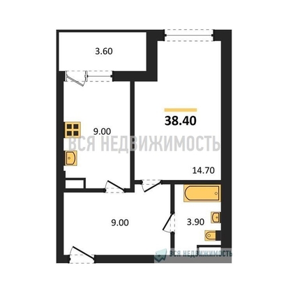 1-комнатная квартира, 38.4кв.м - изображение