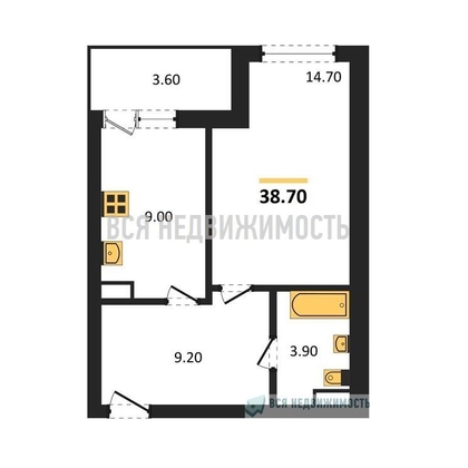 1-комнатная квартира, 38.7кв.м - изображение