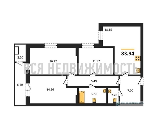 3-комнатная квартира, 84.35кв.м 3-комнатная квартира, 84.35кв.м - изображение