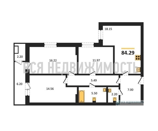 3-комнатная квартира, 84.15кв.м - изображение