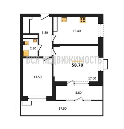 2-комнатная квартира, 58.7кв.м - изображение