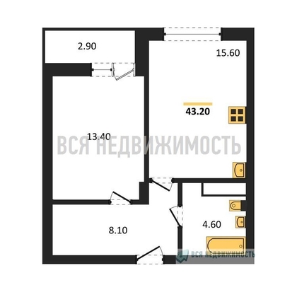 1-комнатная квартира, 43.2кв.м - изображение