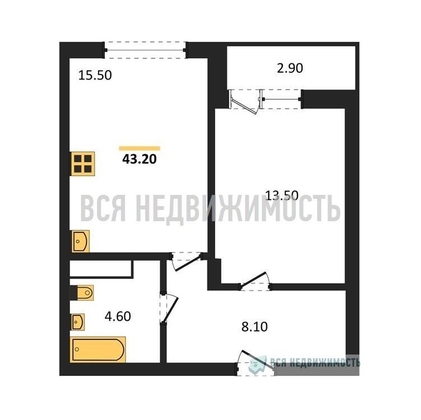 1-комнатная квартира, 43.2кв.м - изображение