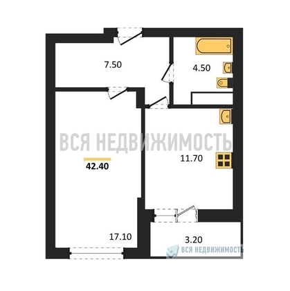 1-комнатная квартира, 42.4кв.м - изображение
